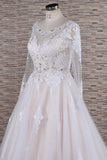 Elegant Longsleeves Jewel Lace Wedding Dresses Jewel Tulle Champagne Bridal Gowns On Sale