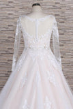 Elegant Longsleeves Jewel Lace Wedding Dresses Jewel Tulle Champagne Bridal Gowns On Sale
