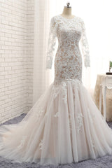 Elegant Longsleeves Jewel Mermaid Wedding Dresses Champagne Tulle Bridal Gowns With Appliques On Sale