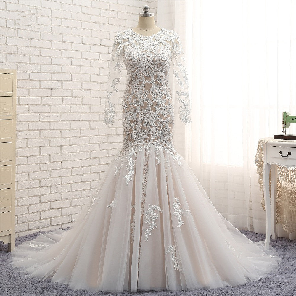Elegant Longsleeves Jewel Mermaid Wedding Dresses Champagne Tulle Bridal Gowns With Appliques On Sale