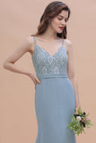 Elegant Mermaid Chiffon Lace Dusty Blue Bridesmaid Dress with Spaghetti Straps On Sale
