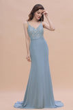 Elegant Mermaid Chiffon Lace Dusty Blue Bridesmaid Dress with Spaghetti Straps On Sale