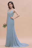 Elegant Mermaid Chiffon Lace Dusty Blue Bridesmaid Dress with Spaghetti Straps On Sale