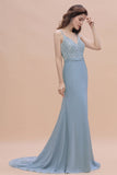 Elegant Mermaid Chiffon Lace Dusty Blue Bridesmaid Dress with Spaghetti Straps On Sale