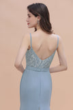 Elegant Mermaid Chiffon Lace Dusty Blue Bridesmaid Dress with Spaghetti Straps On Sale