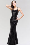 Elegant Mermaid Sequined Long Black Bridesmaid Dress with Spaghetti Straps