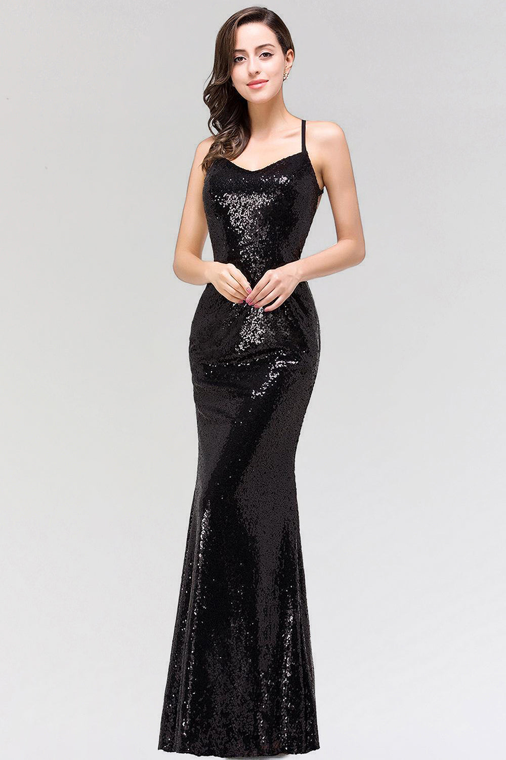 Elegant Mermaid Sequined Long Black Bridesmaid Dress with Spaghetti Straps