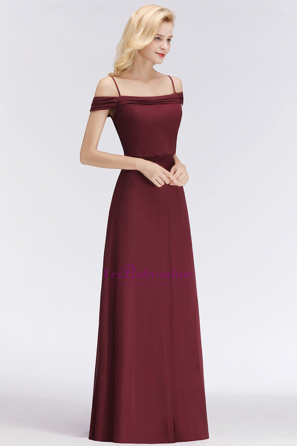 Elegant Off-the-Shoulder Burgundy Bridesmaid Dress Online Spaghetti-Straps Affordable Maid of Honor Dress