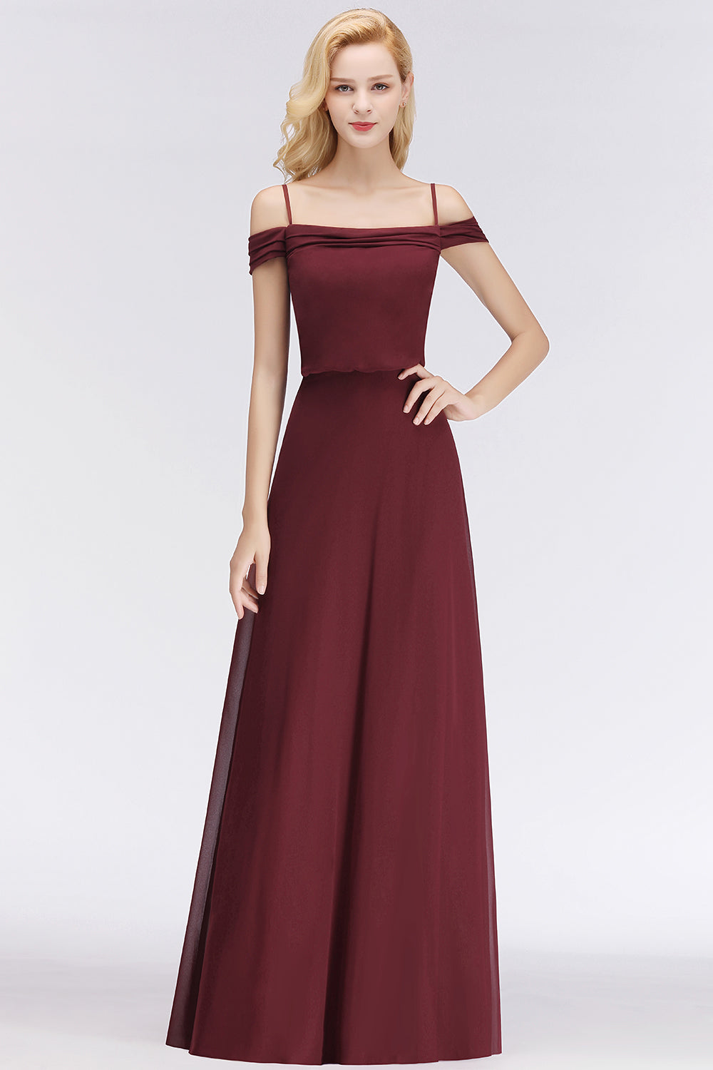 Elegant Off-the-Shoulder Burgundy Bridesmaid Dress Online Spaghetti-Straps Affordable Maid of Honor Dress