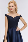 Elegant Off-the-Shoulder Ruffle Navy Lace Bridesmaid Dresses with Beads
