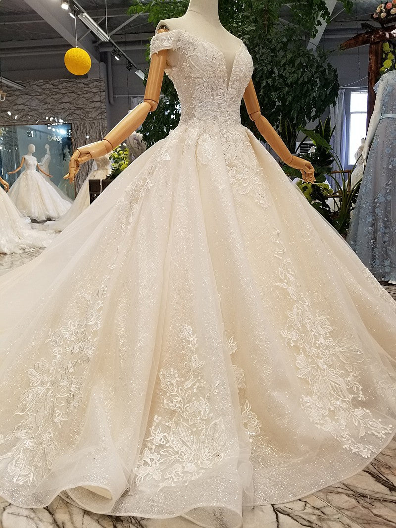 Elegant Off-the-shoulder White A-line Wedding Dresses Tulle Ruffles Bridal Gowns With Appliques Online