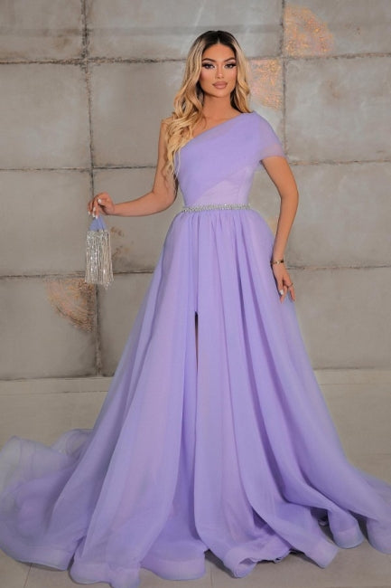 Elegant One-Shoulder Sleeveless A-Line 100D-Chiffon Evening Dress with Ribbon Detail