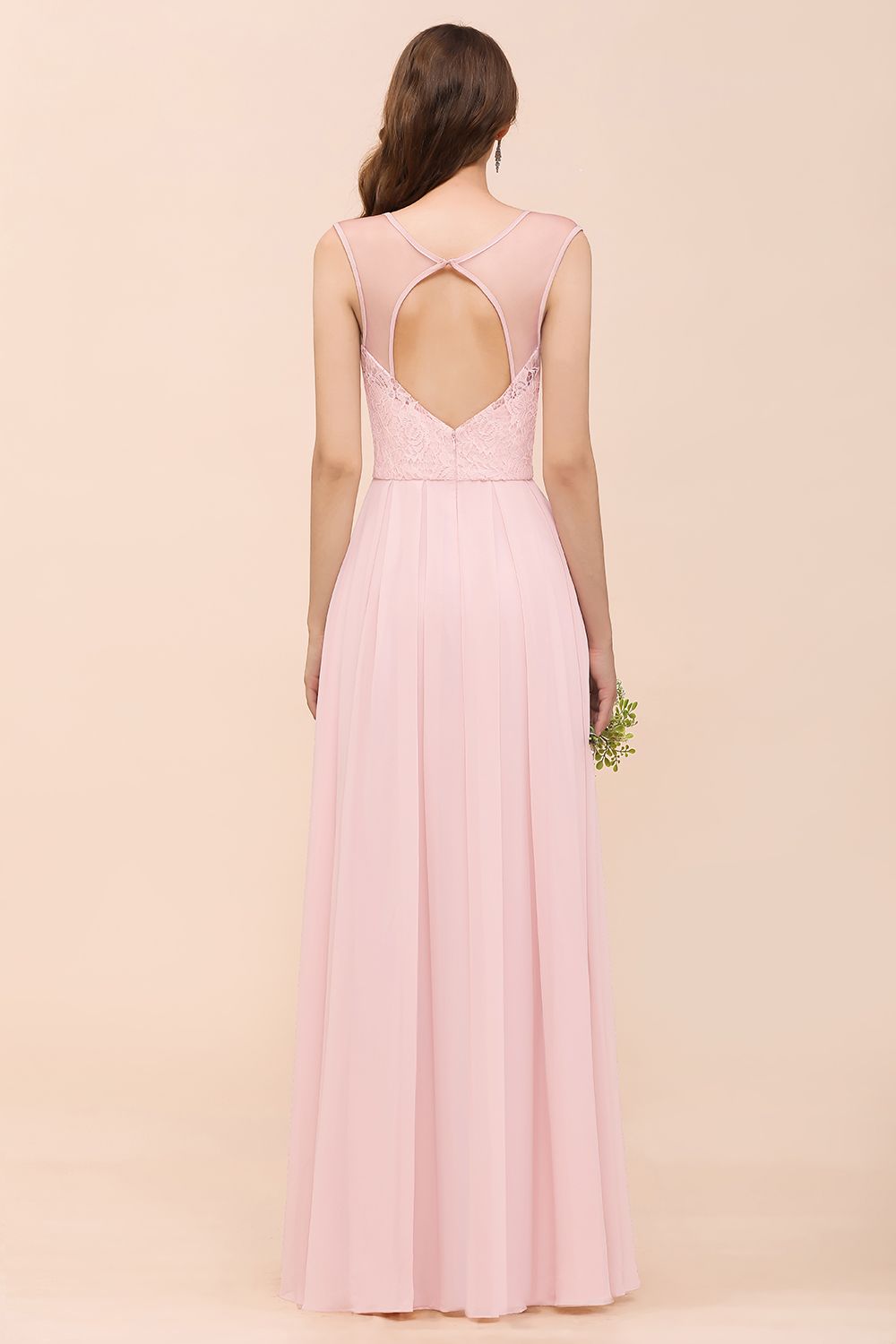 Elegant Pink Lace Straps Ruffle Affordable Bridesmaid Dress
