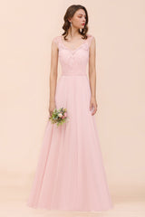 Elegant Pink Lace Straps Ruffle Affordable Bridesmaid Dress