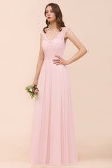Elegant Pink Lace Straps Ruffle Affordable Bridesmaid Dress