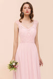 Elegant Pink Lace Straps Ruffle Affordable Bridesmaid Dress