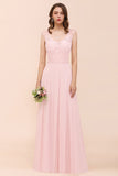 Elegant Pink Lace Straps Ruffle Affordable Bridesmaid Dresses