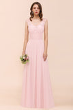 Elegant Pink Lace Straps Ruffle Affordable Bridesmaid Dresses