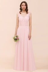 Elegant Pink Lace Straps Ruffle Affordable Bridesmaid Dress