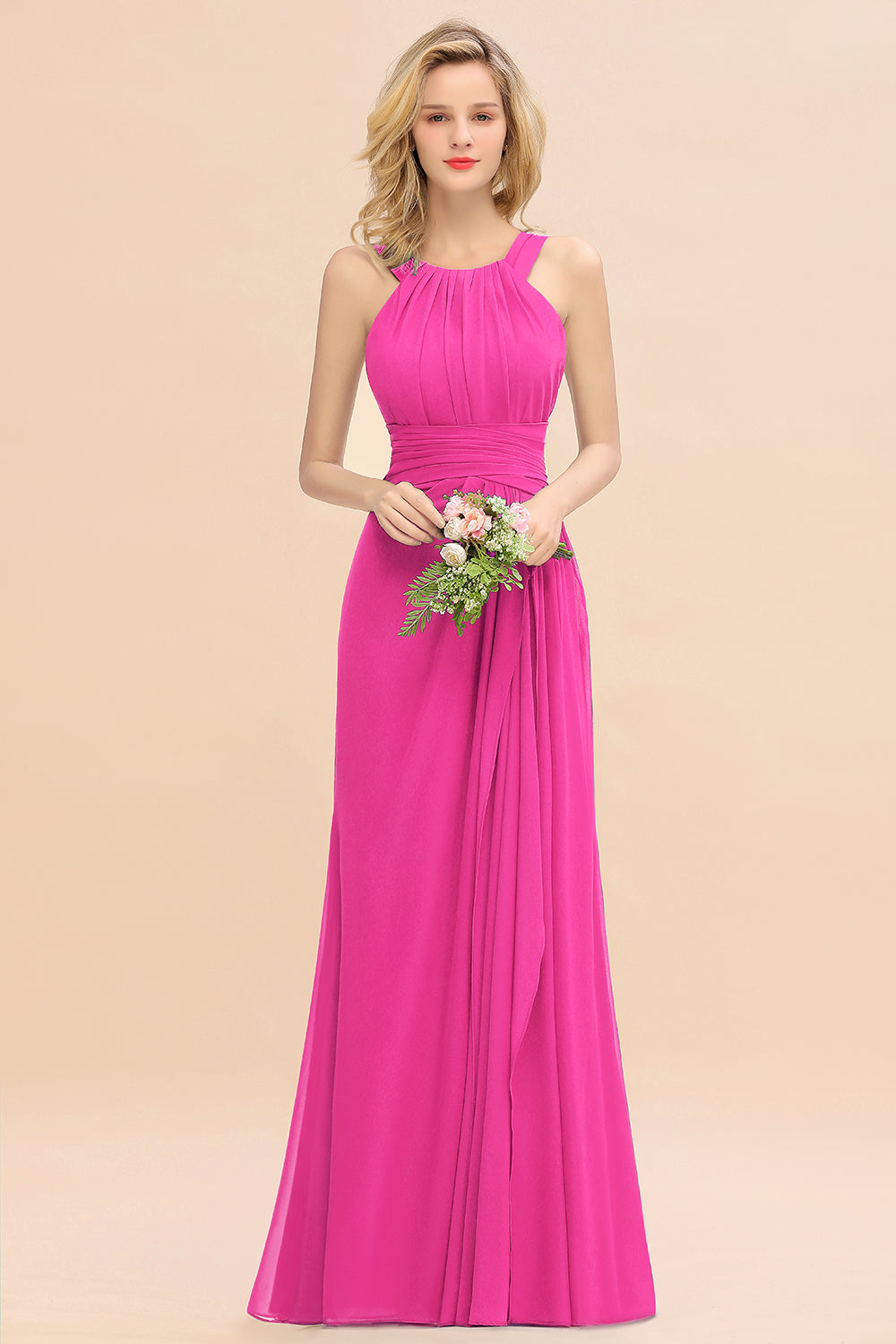 Elegant Round Neck Sleeveless Bridesmaid Dress with Ruffles