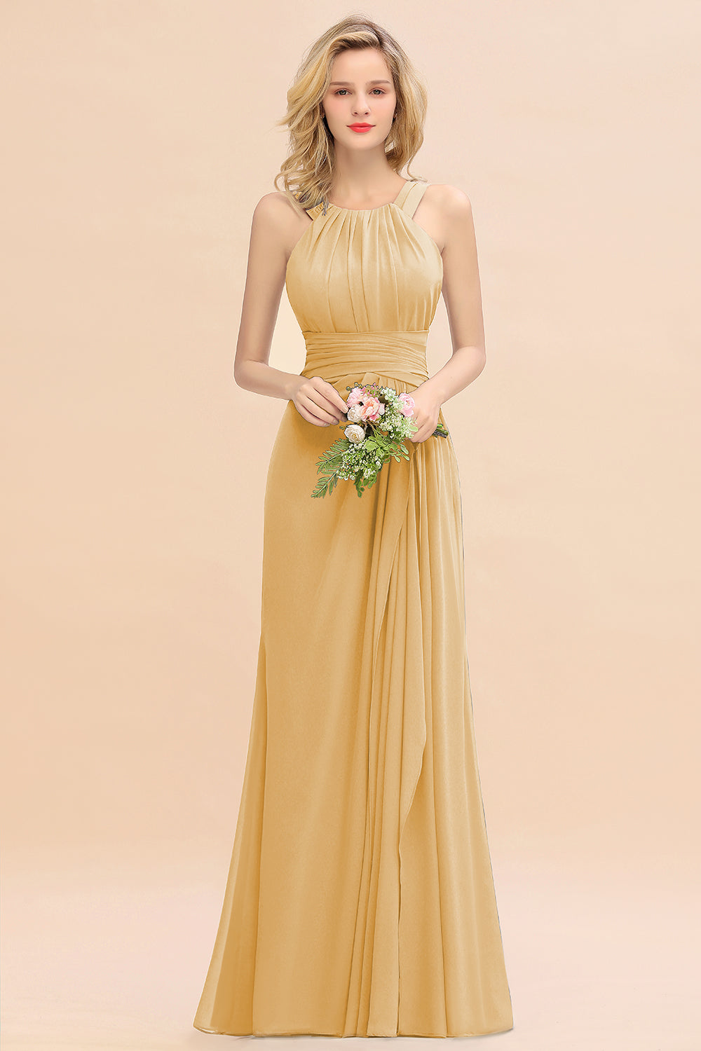 Elegant Round Neck Sleeveless Bridesmaid Dress with Ruffles