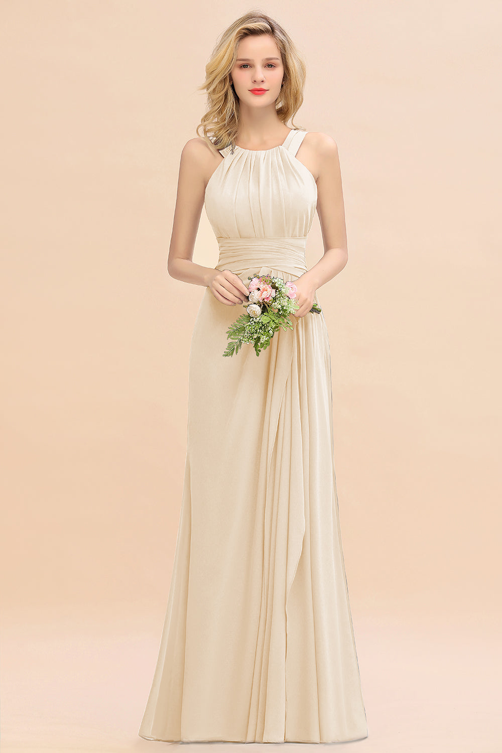 Elegant Round Neck Sleeveless Bridesmaid Dress with Ruffles