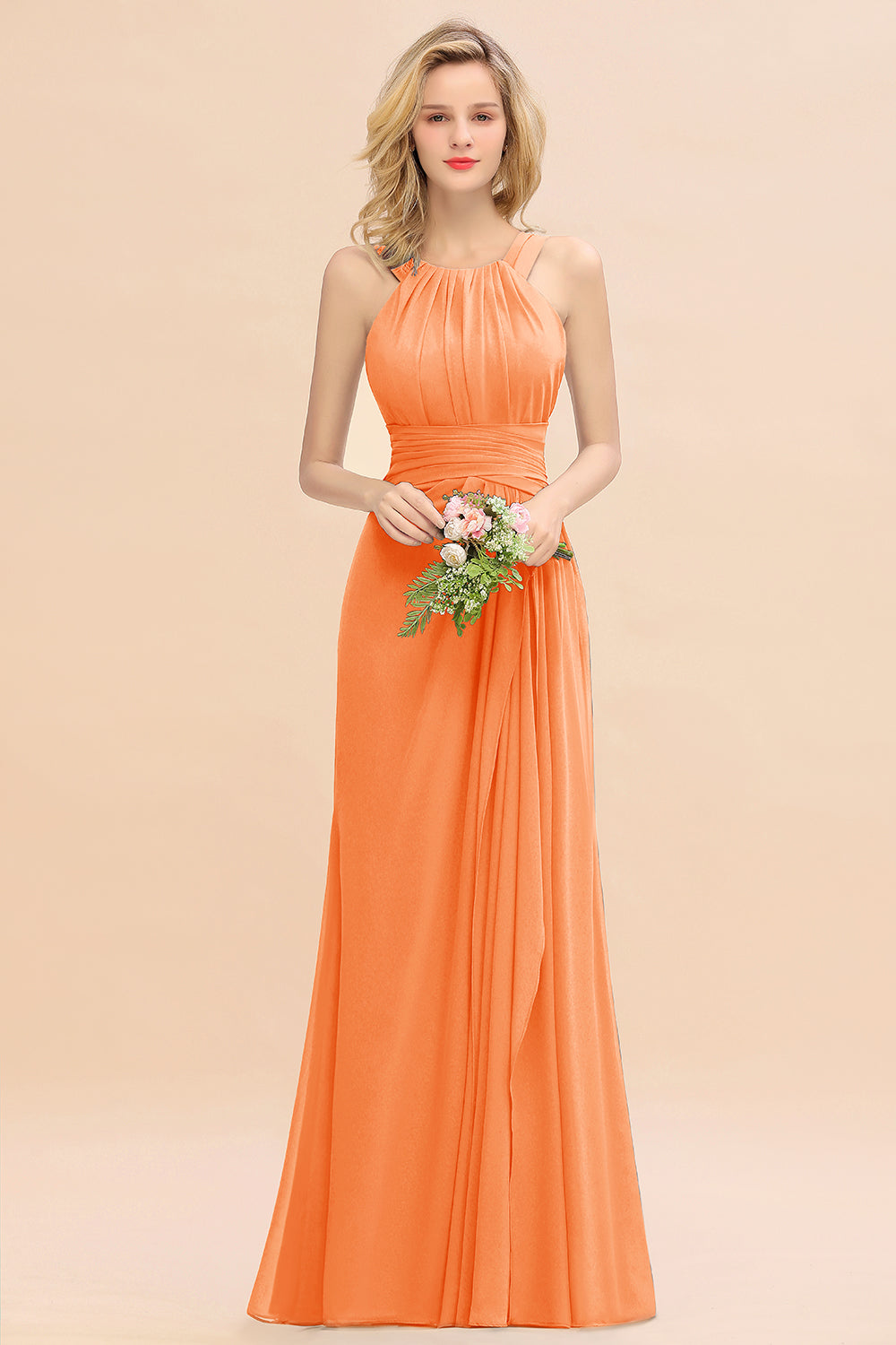 Elegant Round Neck Sleeveless Bridesmaid Dress with Ruffles