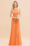 Elegant Round Neck Sleeveless Bridesmaid Dress with Ruffles