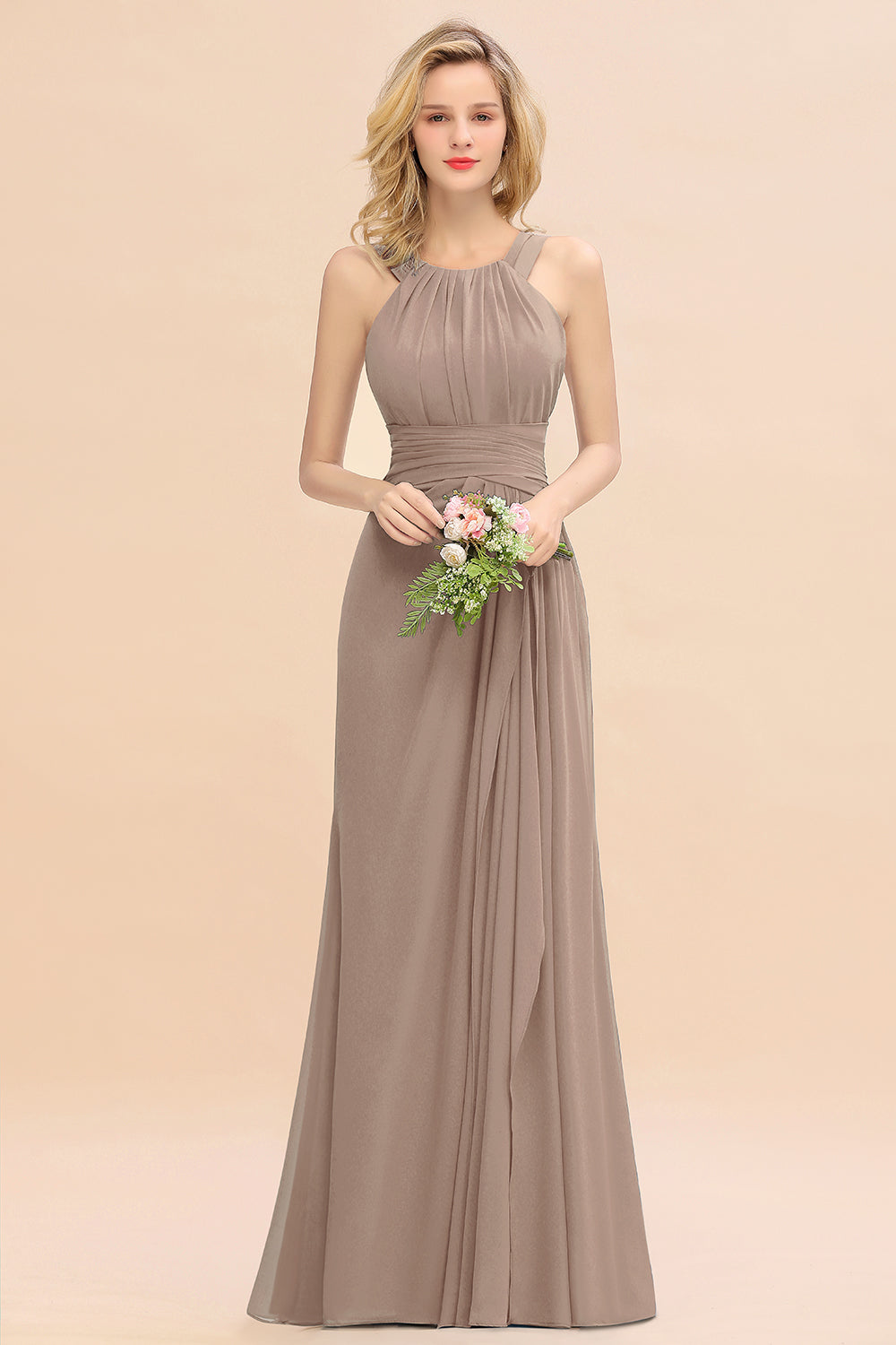 Elegant Round Neck Sleeveless Bridesmaid Dress with Ruffles