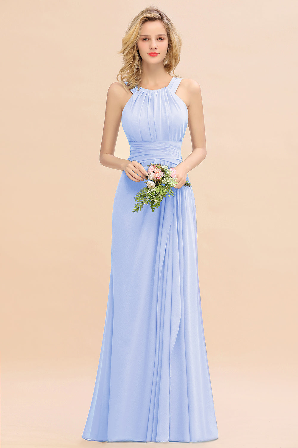 Elegant Round Neck Sleeveless Bridesmaid Dress with Ruffles