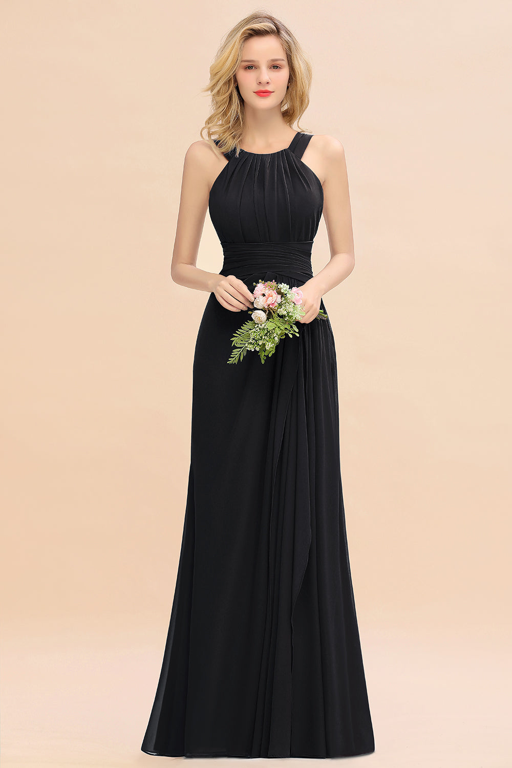 Elegant Round Neck Sleeveless Bridesmaid Dress with Ruffles