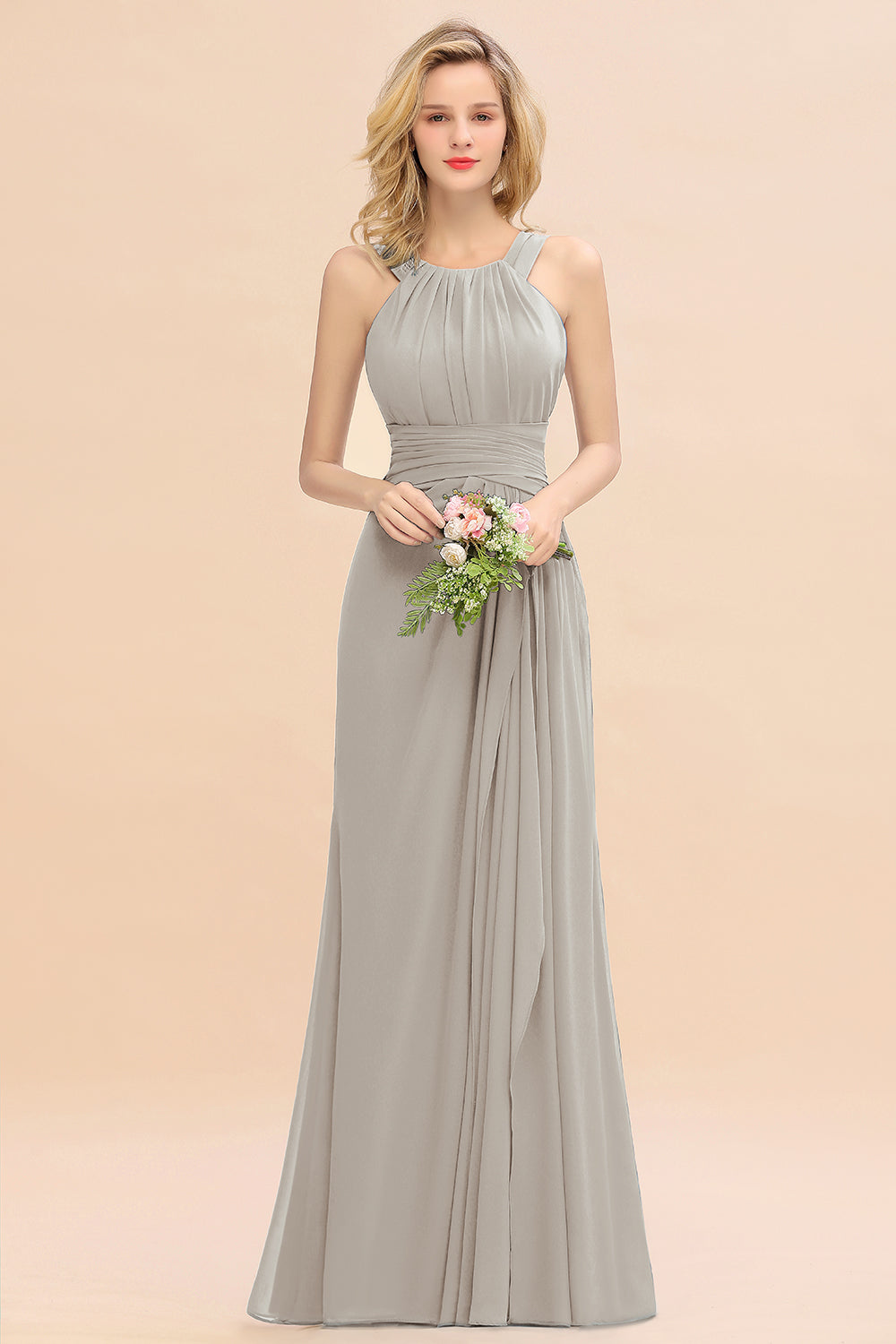 Elegant Round Neck Sleeveless Bridesmaid Dress with Ruffles