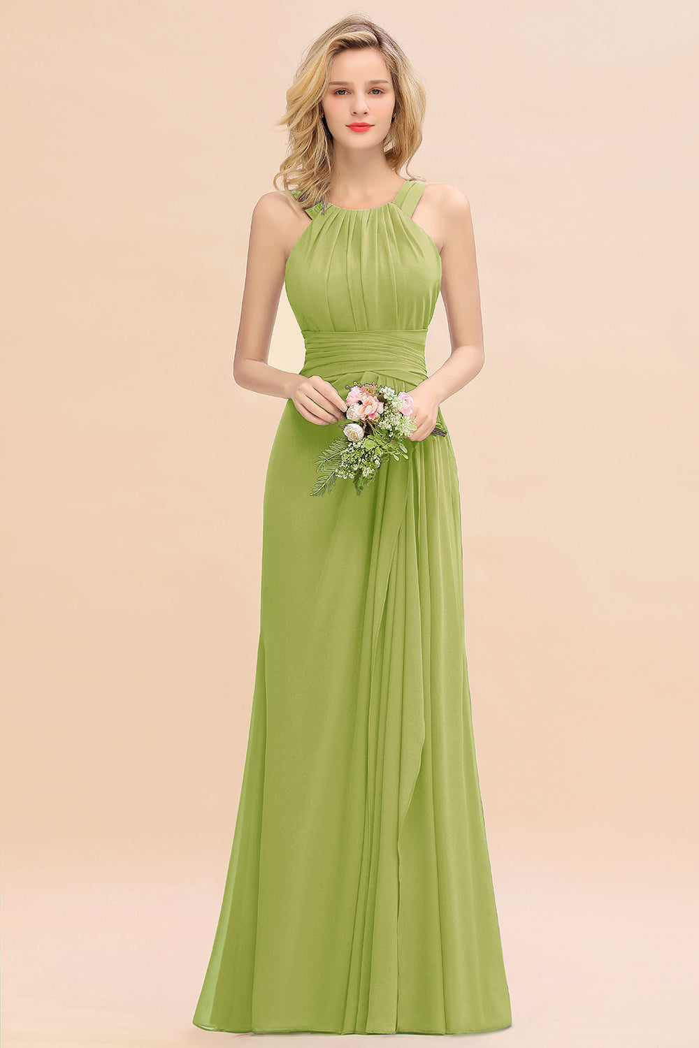 Elegant Round Neck Sleeveless Bridesmaid Dress with Ruffles