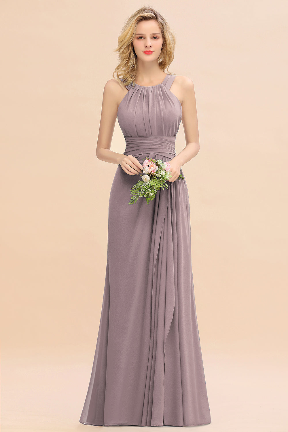 Elegant Round Neck Sleeveless Bridesmaid Dress with Ruffles