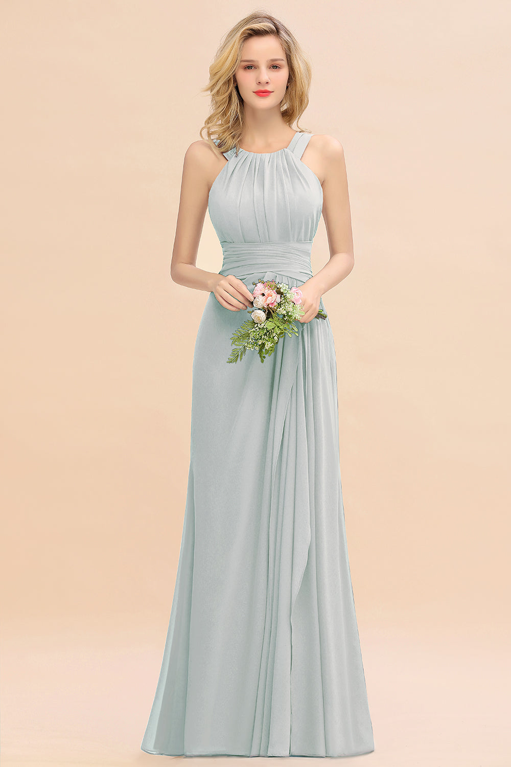 Elegant Round Neck Sleeveless Bridesmaid Dress with Ruffles