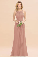 Elegant Round Neck Sleeveless Bridesmaid Dress with Ruffles