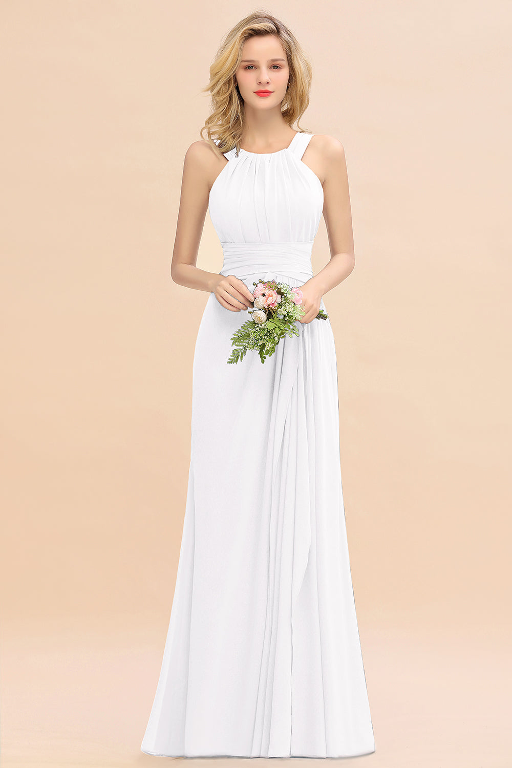 Elegant Round Neck Sleeveless Bridesmaid Dress with Ruffles