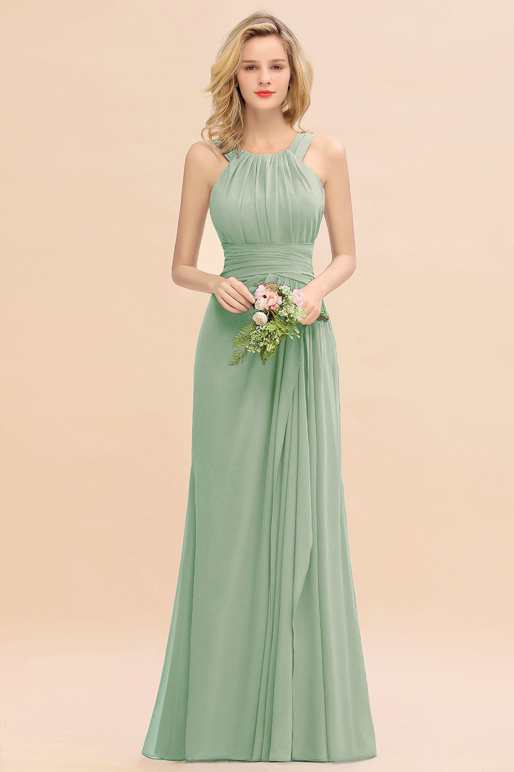 Elegant Round Neck Sleeveless Bridesmaid Dress with Ruffles