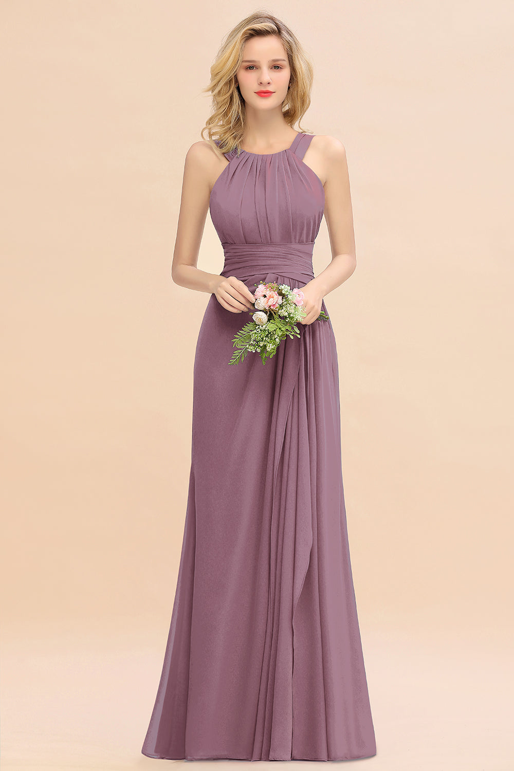 Elegant Round Neck Sleeveless Bridesmaid Dress with Ruffles