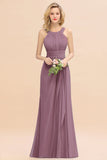 Elegant Round Neck Sleeveless Bridesmaid Dress with Ruffles