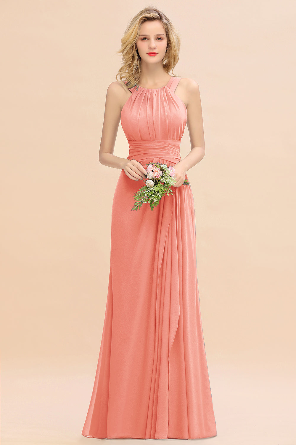 Elegant Round Neck Sleeveless Bridesmaid Dress with Ruffles