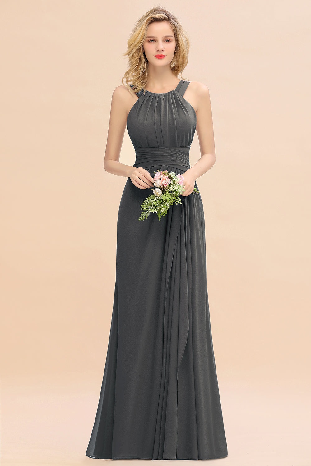 Elegant Round Neck Sleeveless Bridesmaid Dress with Ruffles