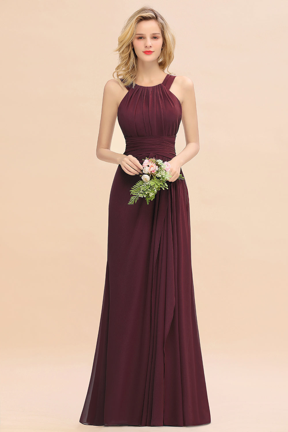 Elegant Round Neck Sleeveless Bridesmaid Dress with Ruffles