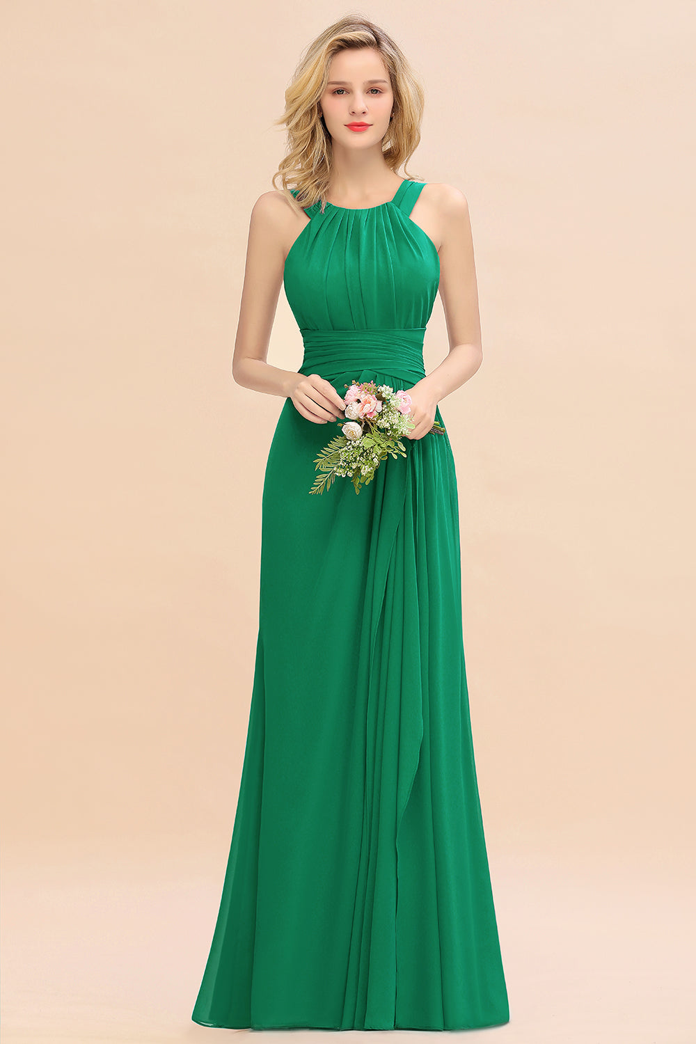 Elegant Round Neck Sleeveless Bridesmaid Dress with Ruffles