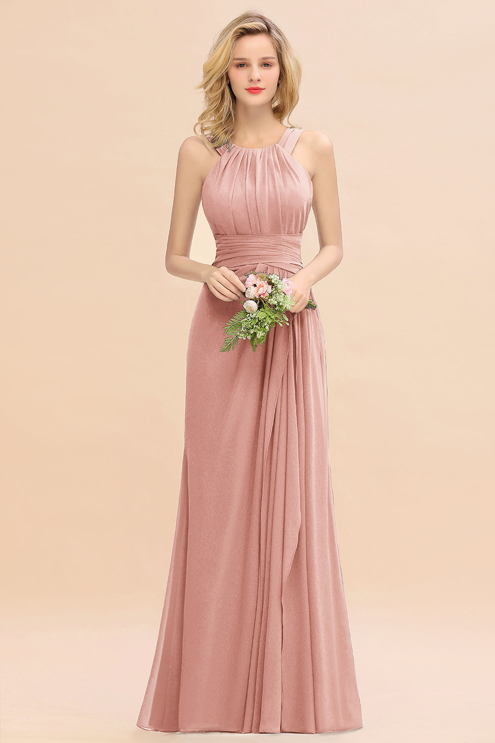 Elegant Round Neck Sleeveless Bridesmaid Dress with Ruffles