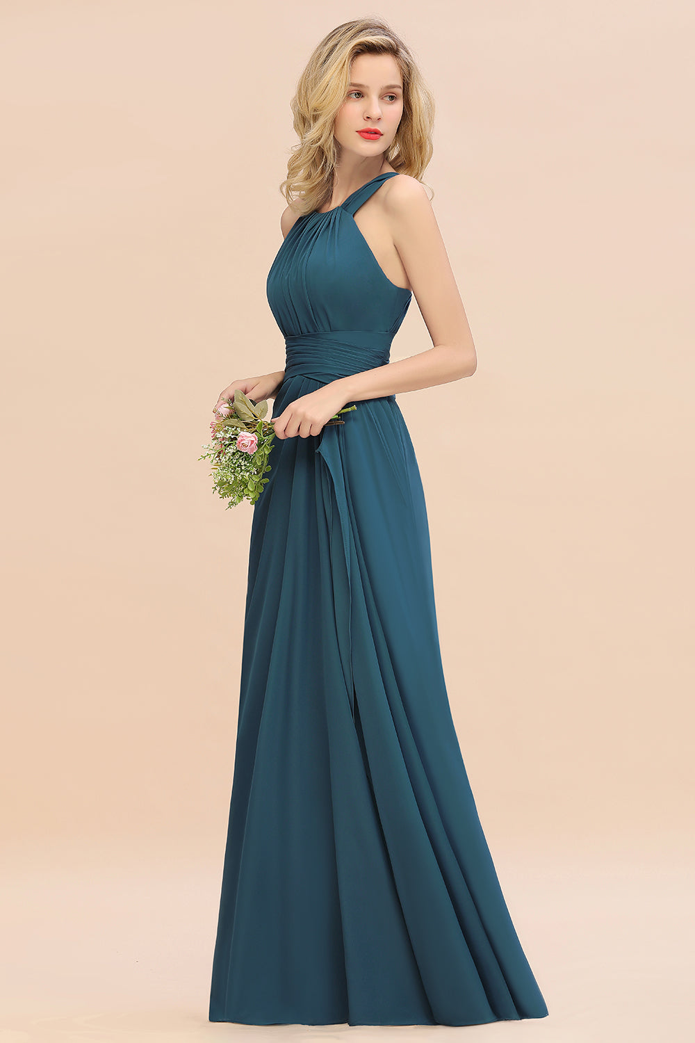 Elegant Round Neck Sleeveless Bridesmaid Dress with Ruffles