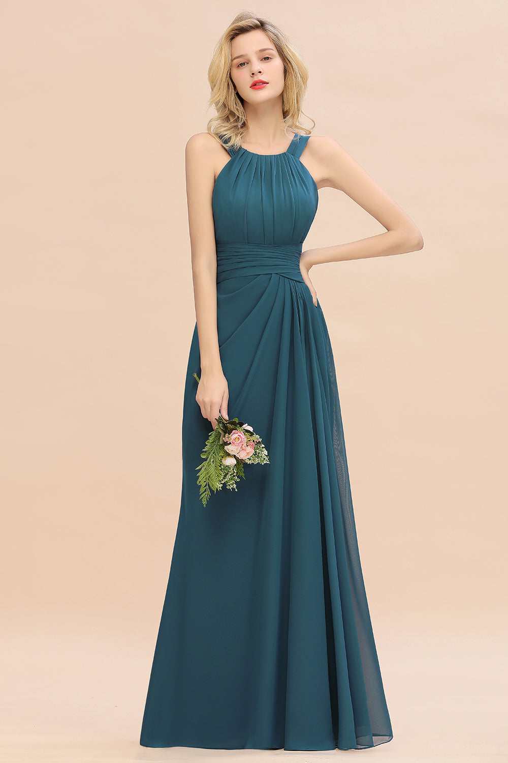 Elegant Round Neck Sleeveless Bridesmaid Dress with Ruffles