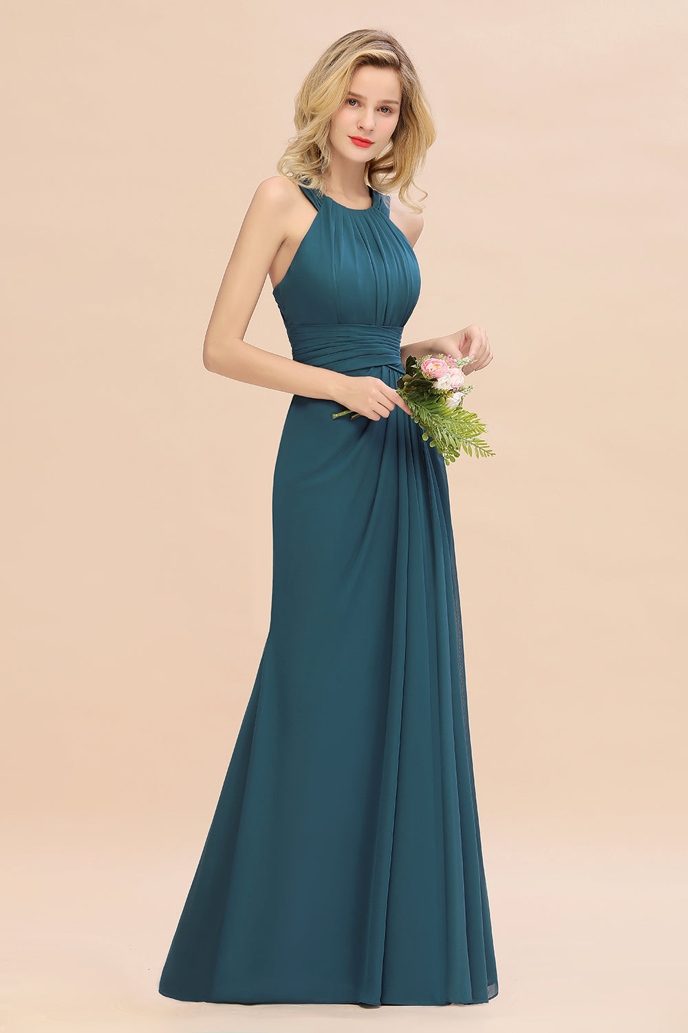 Elegant Round Neck Sleeveless Bridesmaid Dress with Ruffles