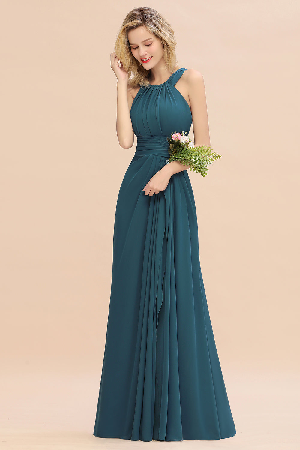 Elegant Round Neck Sleeveless Bridesmaid Dress with Ruffles