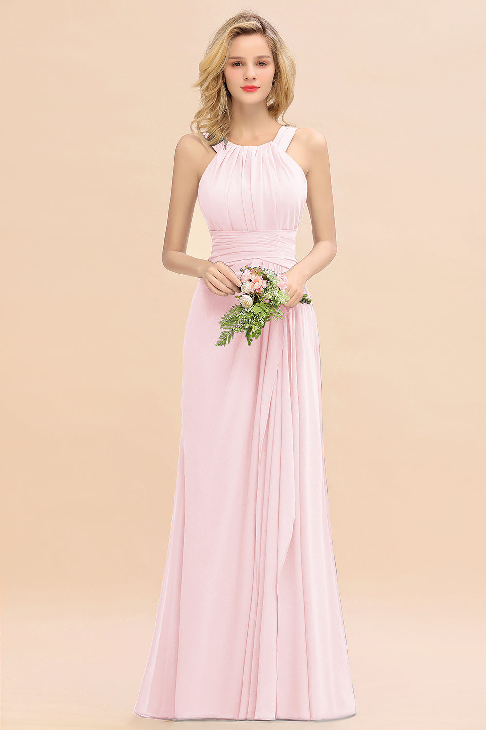 Elegant Round Neck Sleeveless Bridesmaid Dress with Ruffles